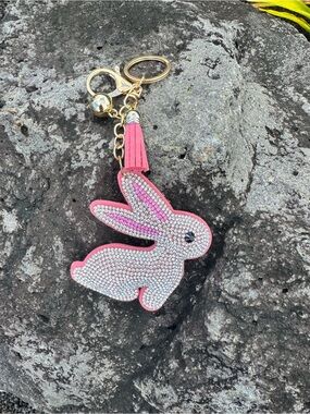 Rhinestone Bunny Keychain Pink Tassel Bling Bag Charm
